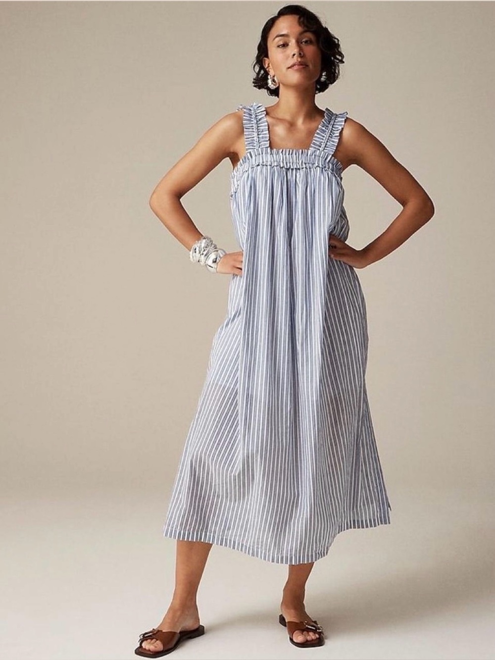 J. Crew Womens Beachy Cotton voile ruffle-trim Lined dress striped Pockets XXL